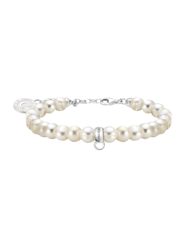 Silver Charm Bracelet With White Oval-Shaped Pearls