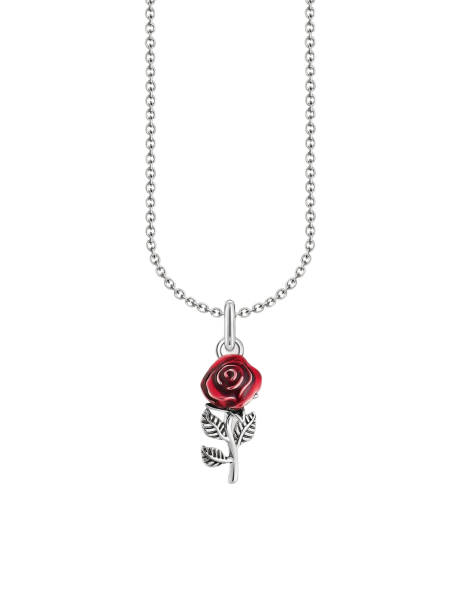 Silver Necklace With Red Rose Pendant And Cold Enamel