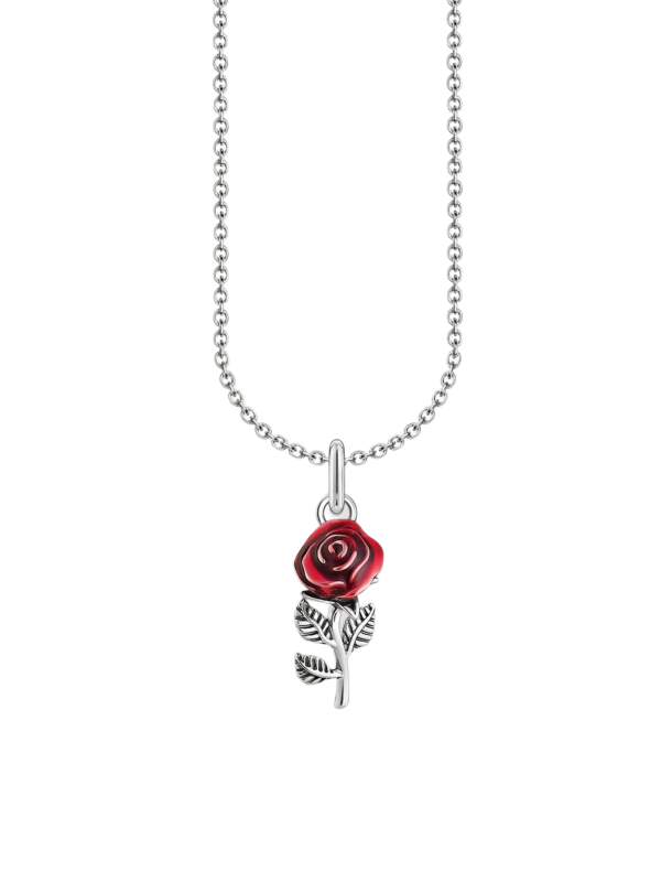 Collier En Argent Avec Pendentif Rose Rouge Et Émail À Froid