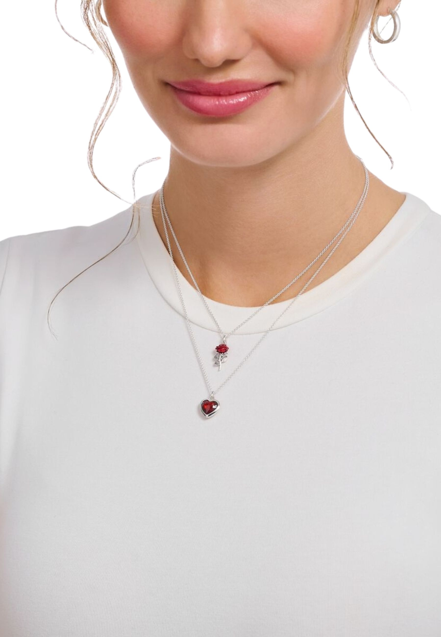 Silver Necklace With Red Rose Pendant And Cold Enamel