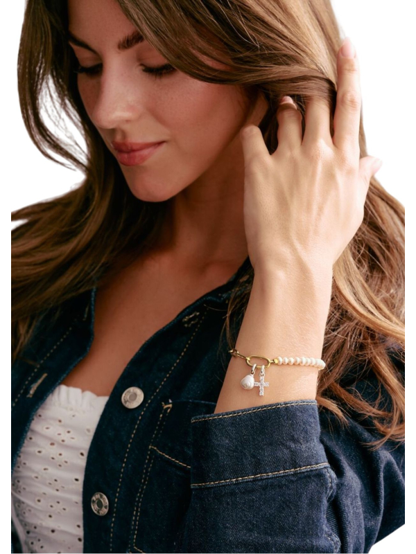 Pulsera de charms con eslabones tipo clip y perlas con eslabón Connect chapado en oro