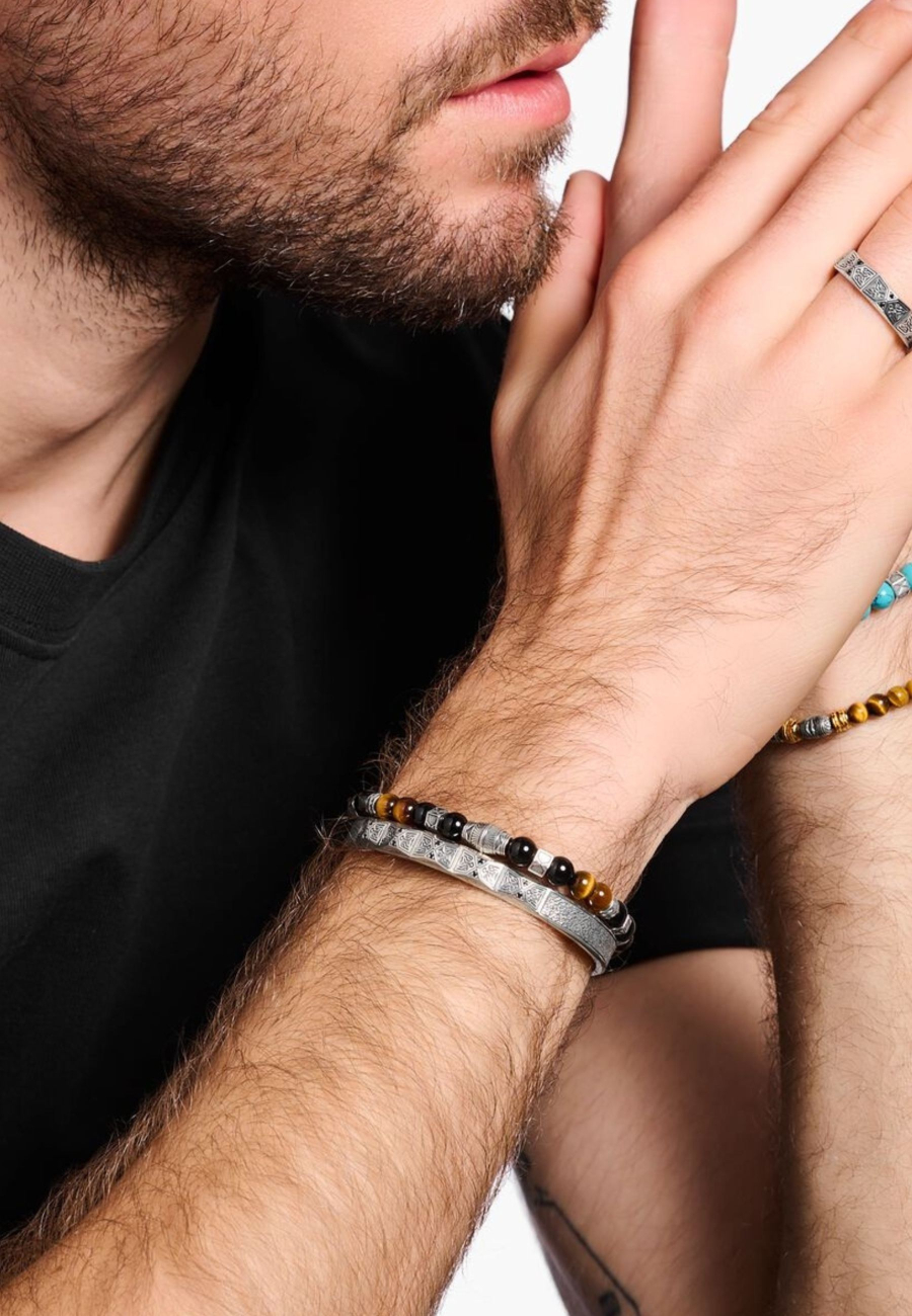 Armreif Facettiertes Design mit schwarzen Steinen Silber