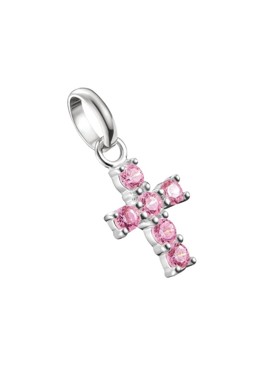 Colgante charm cruz con piedras rosas Connect de plata