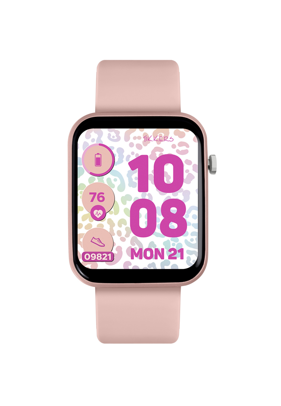 Tikkers Smart Series 13 Smartwatch & Ohrhörer Set (Schwarz/Rosa Silikonarmband)