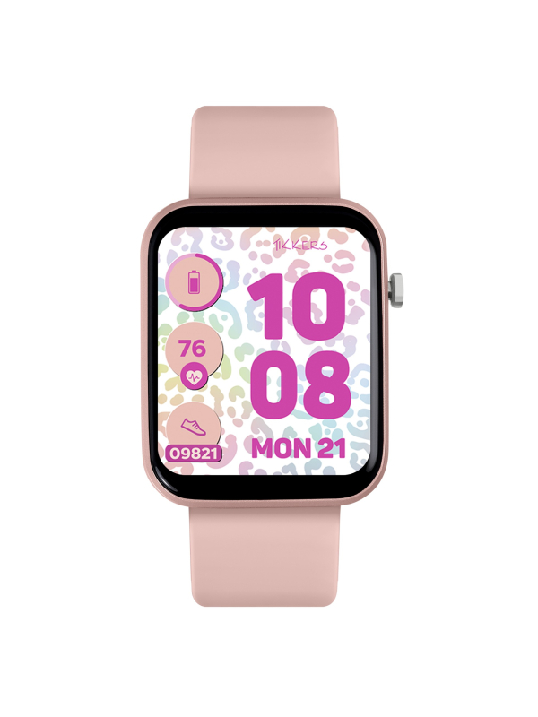 Tikkers Smart Series 13 Smartwatch & Ohrhörer Set (Schwarz/Rosa Silikonarmband)
