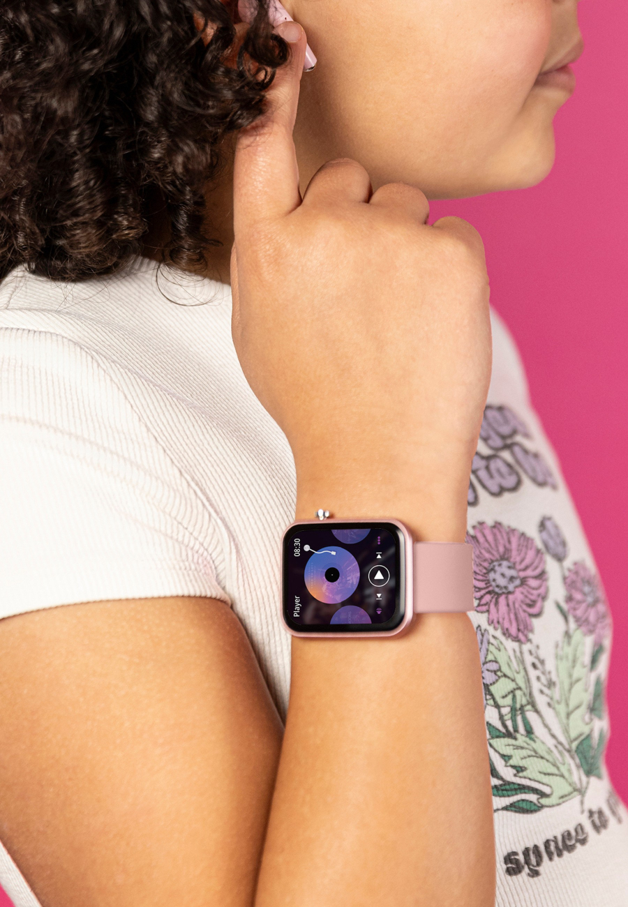 Tikkers Smart Series 13 - Black - Pink Silicone Strap Smart Watch & Earbuds Set