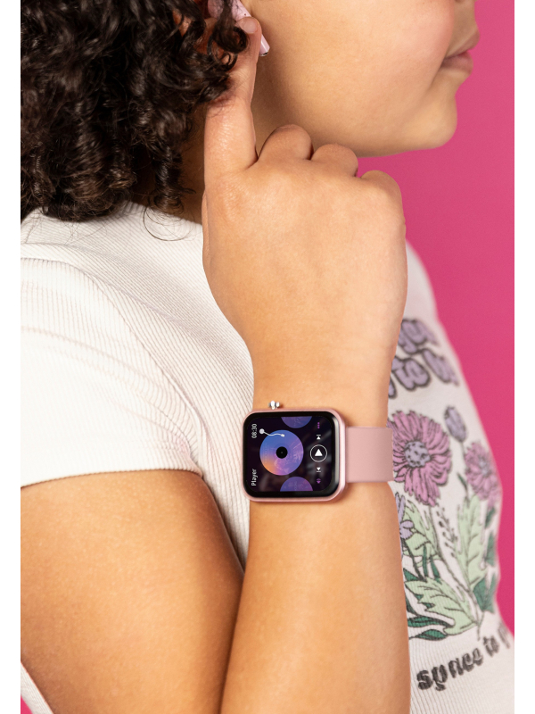 Tikkers Smart Series 13 - Black - Pink Silicone Strap Smart Watch & Earbuds Set