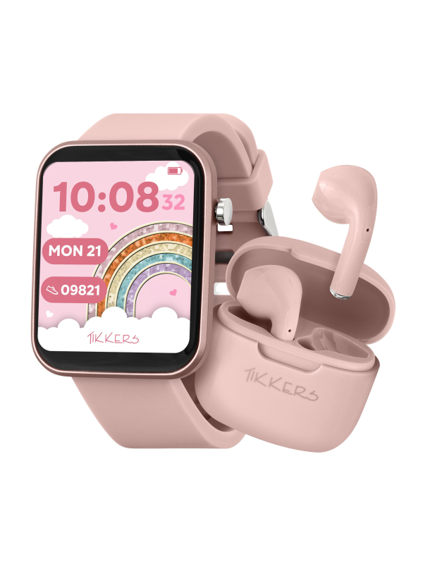 Tikkers Smart Series 13 - Black - Pink Silicone Strap Smart Watch & Earbuds Set