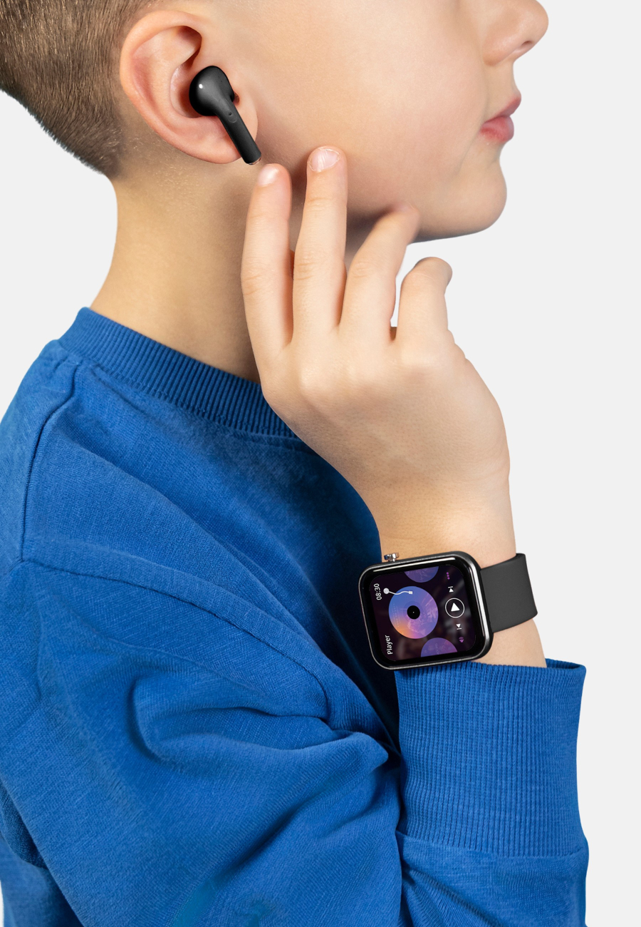 Tikkers Smart Series 13 - Black - Pink Silicone Strap Smart Watch & Earbuds Set