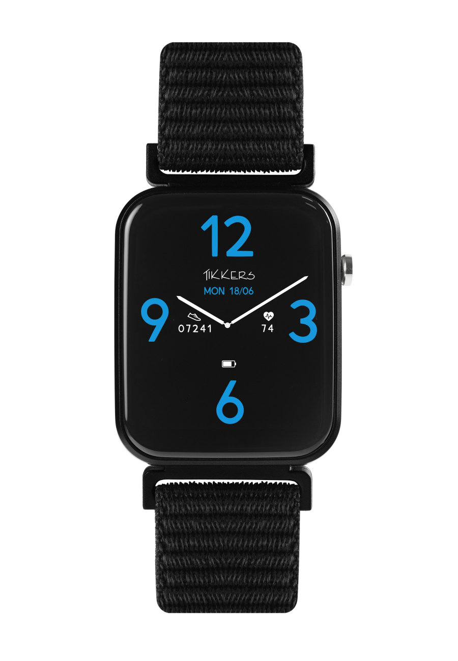 Set de Smartwatch y Auriculares Tikkers Smart Series 13 (Negro/Rosa - Correa de Tela de Liberación Fácil)