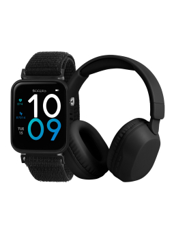 Tikkers Smart Series 13 Smartwatch & Kopfhörer Set (Schwarz/Rosa - Stoffarmband mit Schnellverschluss)