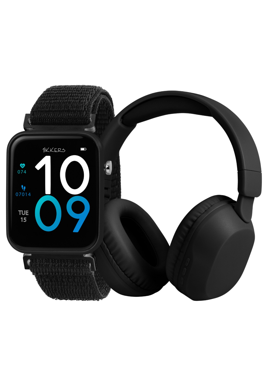 Set de Smartwatch y Auriculares Tikkers Smart Series 13 (Negro/Rosa - Correa de Tela de Liberación Fácil)