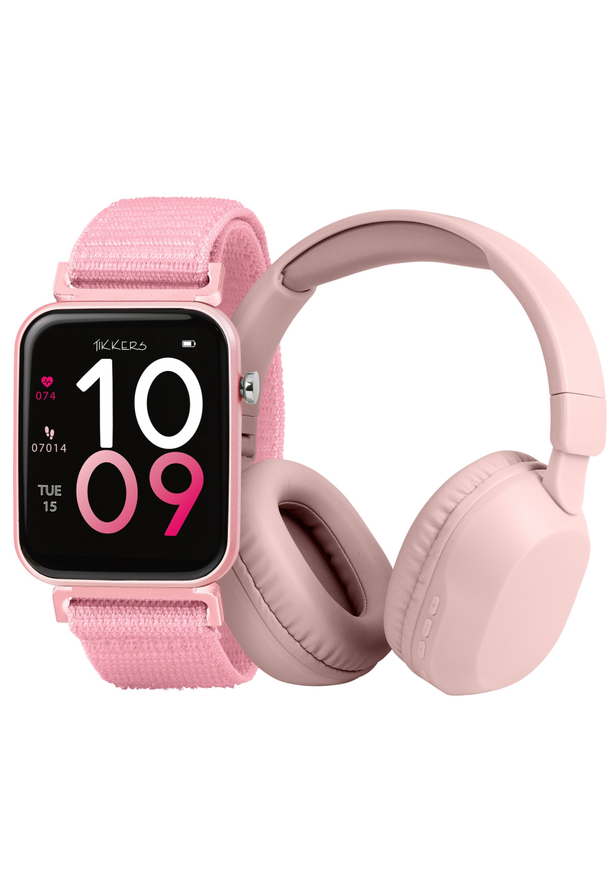 Tikkers Smart Series 13 - Black - Pink - Easy Release Fabric Strap Smart Watch & Headphone Set