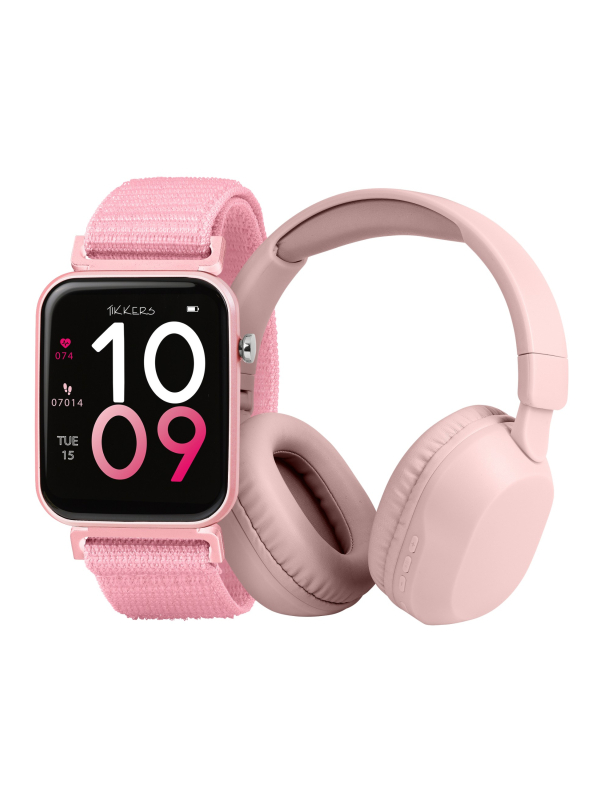 Tikkers Smart Series 13 - Black - Pink - Easy Release Fabric Strap Smart Watch & Headphone Set