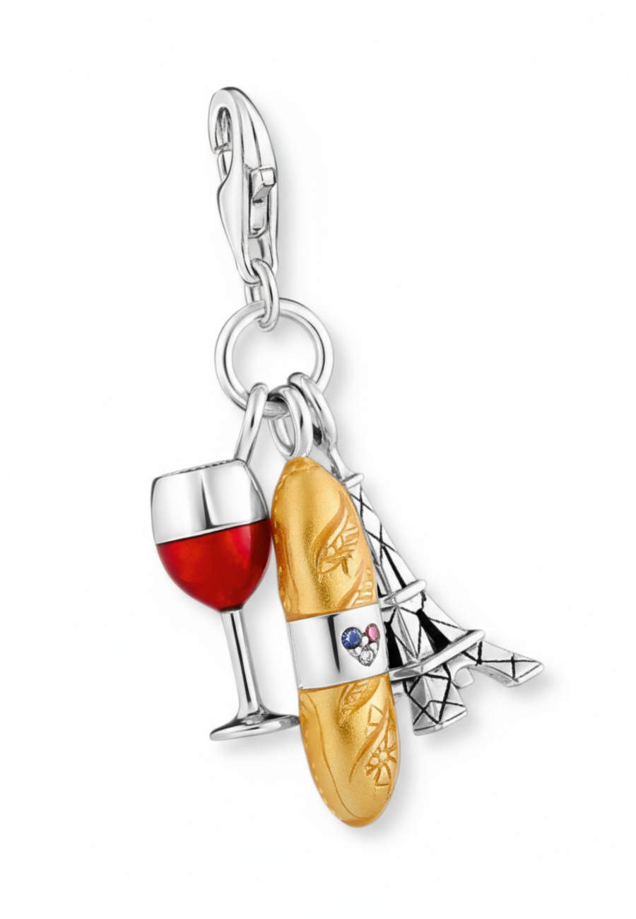 Colgante Charm de Plata: Copa de Vino Tinto, Torre Eiffel y Baguette