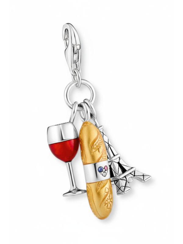 Pendentif Charme en Argent : Verre de Vin Rouge, Tour Eiffel & Baguette