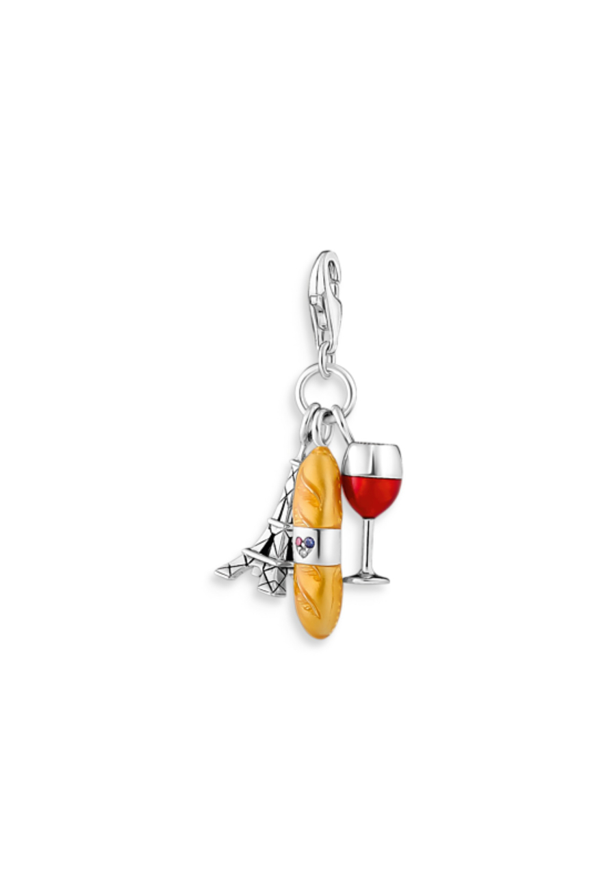Silver Charm Pendant: Red Wine Glass, Eiffel Tower & Baguette