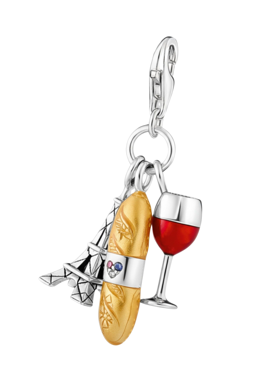 Silver Charm Pendant: Red Wine Glass, Eiffel Tower & Baguette