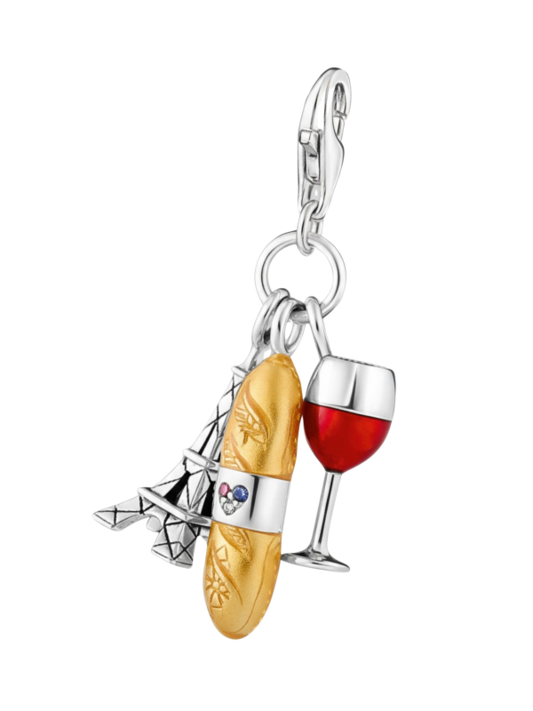 Pendentif Charme en Argent : Verre de Vin Rouge, Tour Eiffel & Baguette