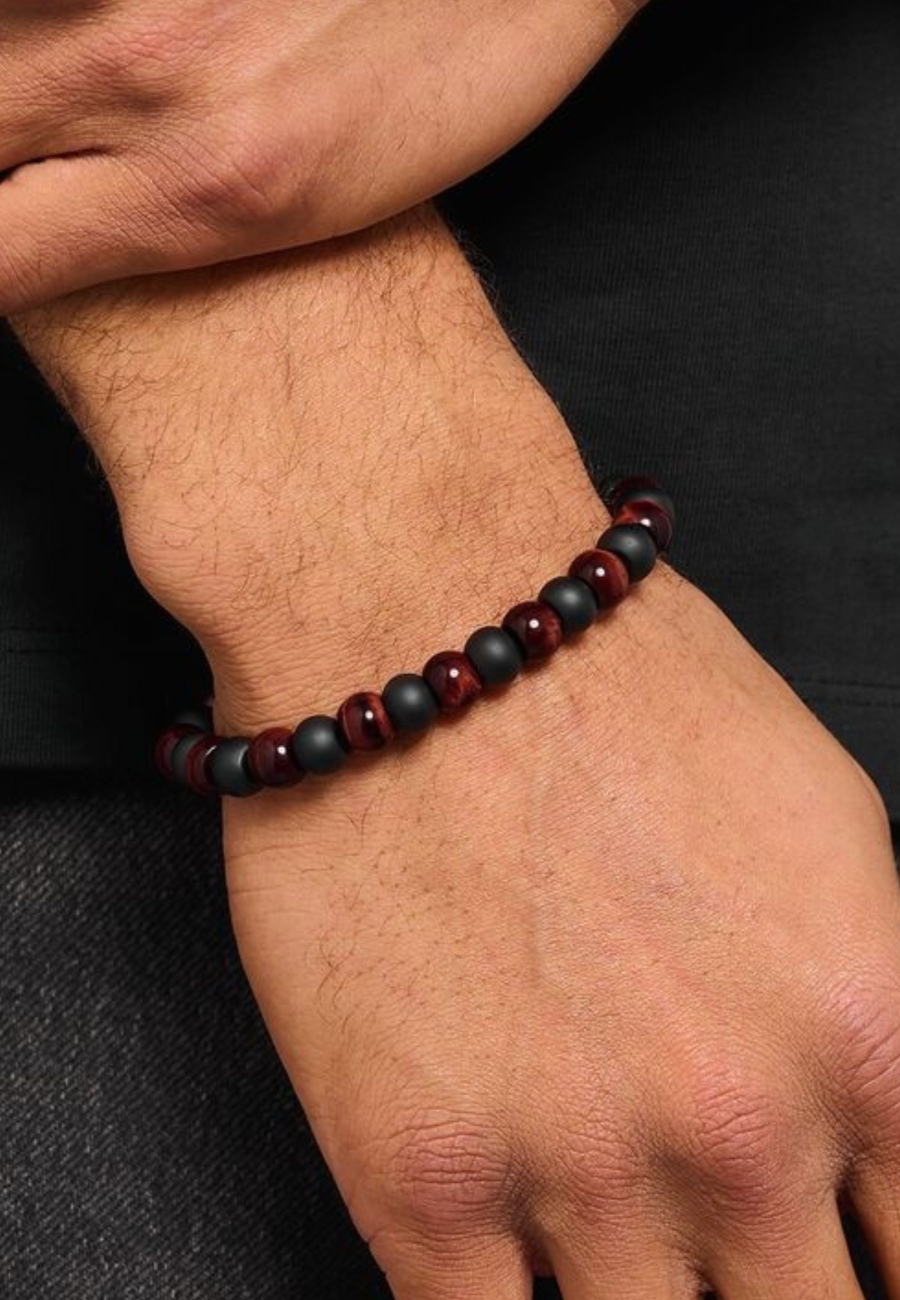 Pulsera con Cuentas de Obsidiana y Ojo de Tigre Rojo (9 mm)