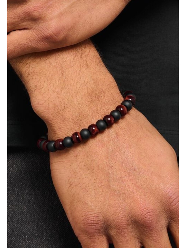 Pulsera con Cuentas de Obsidiana y Ojo de Tigre Rojo (9 mm)