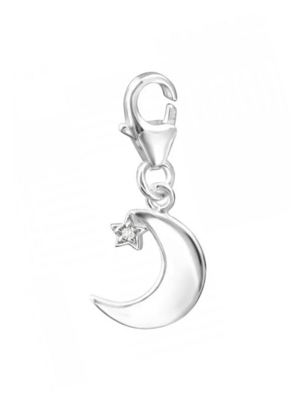Silver Crescent Moon Clip on Charm with Cubic Zirconia