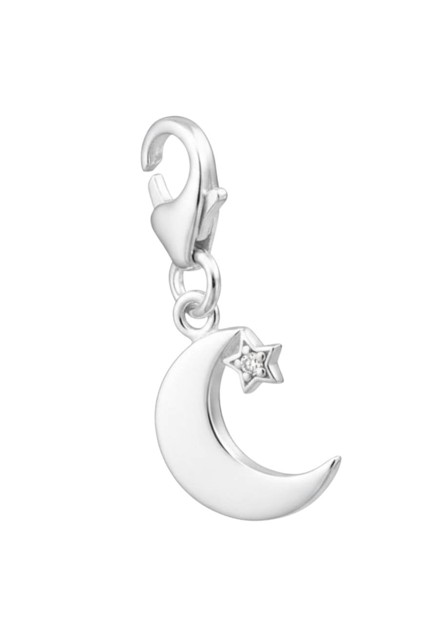 Silver Crescent Moon Clip on Charm with Cubic Zirconia