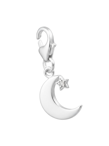 Silver Crescent Moon Clip on Charm with Cubic Zirconia