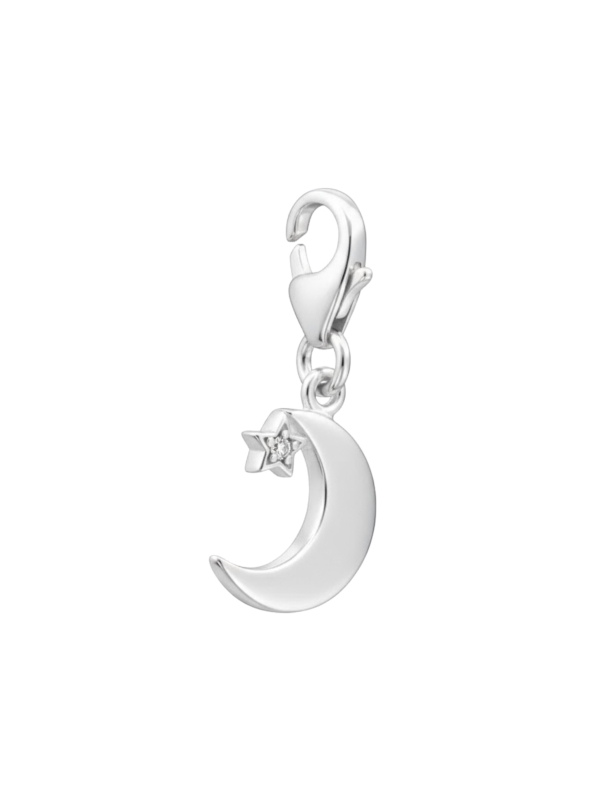 Silver Crescent Moon Clip on Charm with Cubic Zirconia