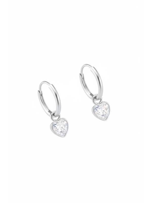 Silver Ear Hoops with Hanging Heart and Cubic Zirconia