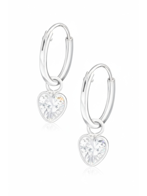 Silver Ear Hoops with Hanging Heart and Cubic Zirconia