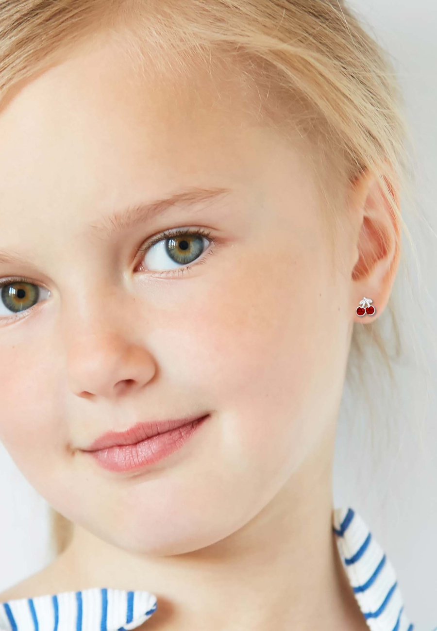 Premium Children's Silver Cherry Ear Studs with Crystal