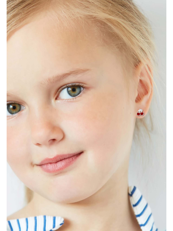 Premium Children's Silver Cherry Ear Studs with Crystal