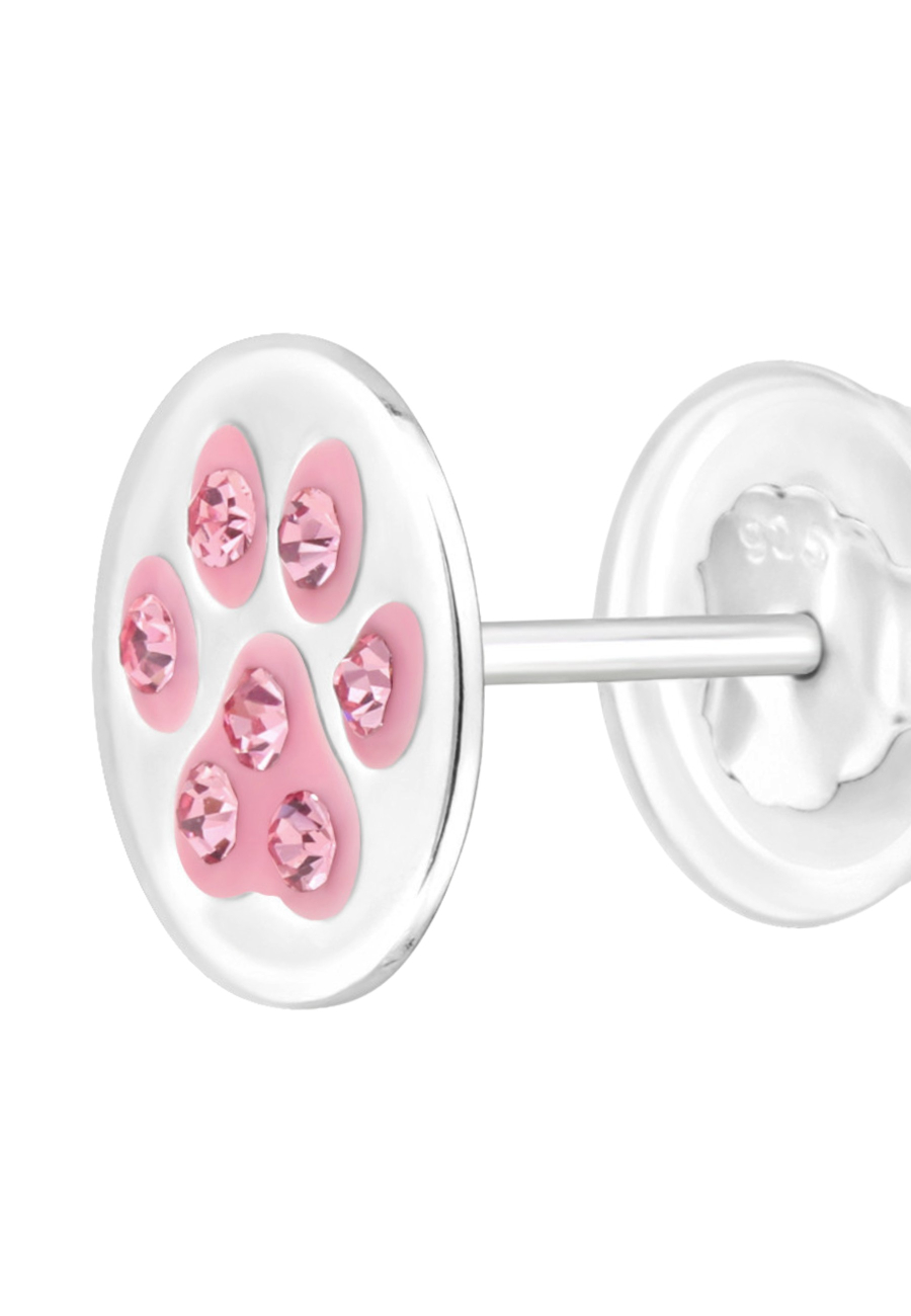 Premium Children's Sterling Silver Paw Print Ear Studs with Crystal and Epoxy