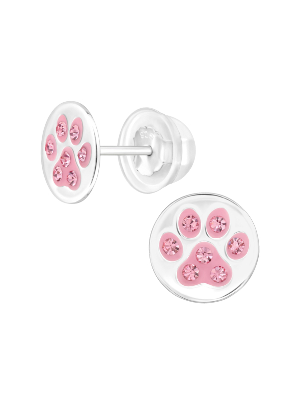 Premium Children's Sterling Silver Paw Print Ear Studs with Crystal and Epoxy