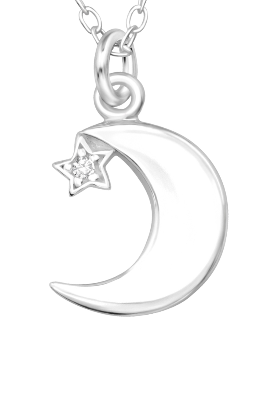 Moon with Star Sterling Silver Necklace with Cubic Zirconia