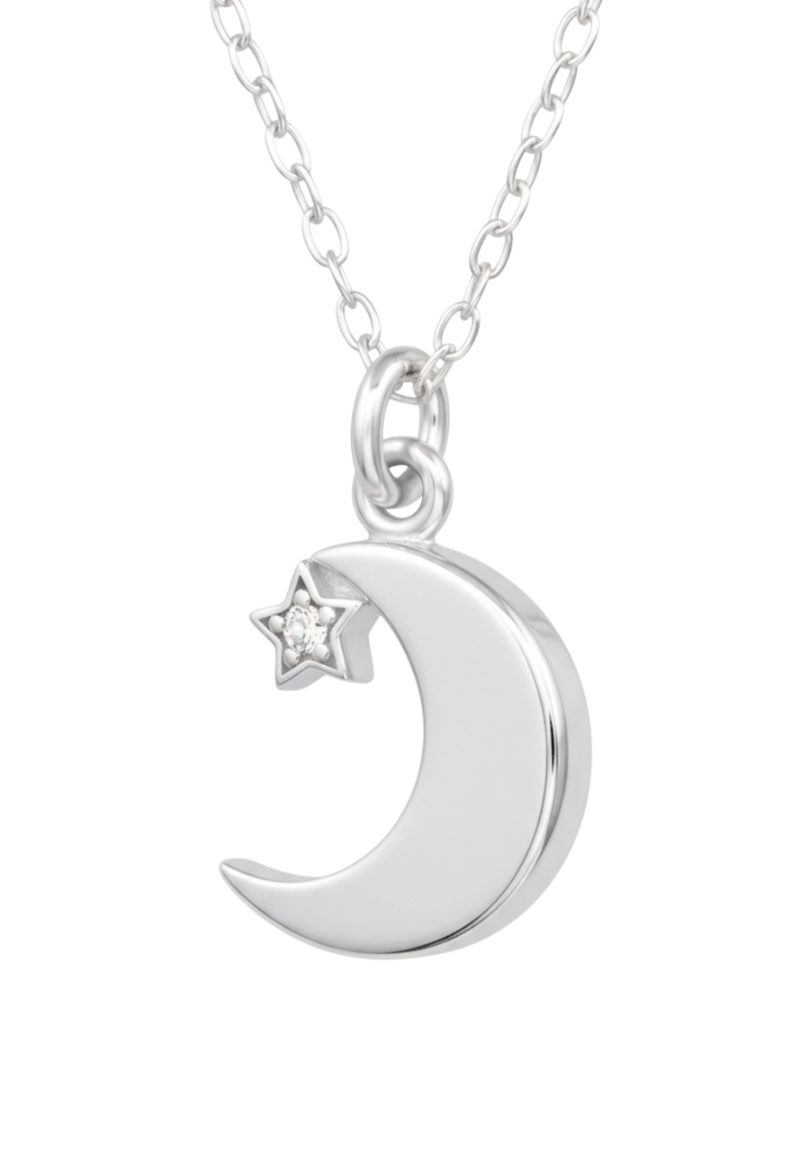 Moon with Star Sterling Silver Necklace with Cubic Zirconia
