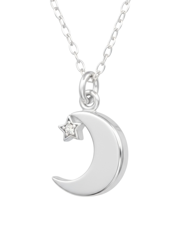 Moon with Star Sterling Silver Necklace with Cubic Zirconia