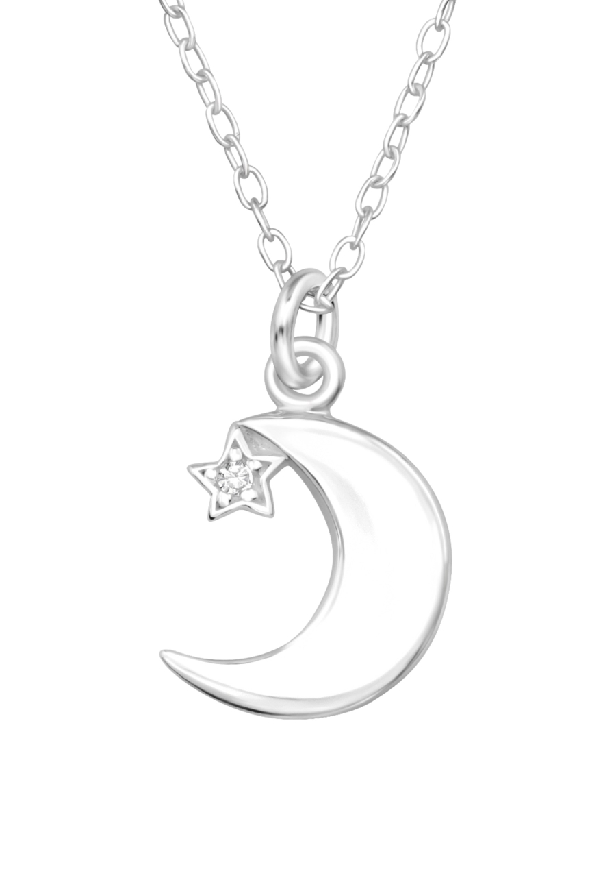 Moon with Star Sterling Silver Necklace with Cubic Zirconia