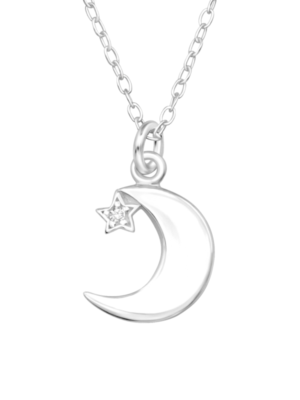 Moon with Star Sterling Silver Necklace with Cubic Zirconia