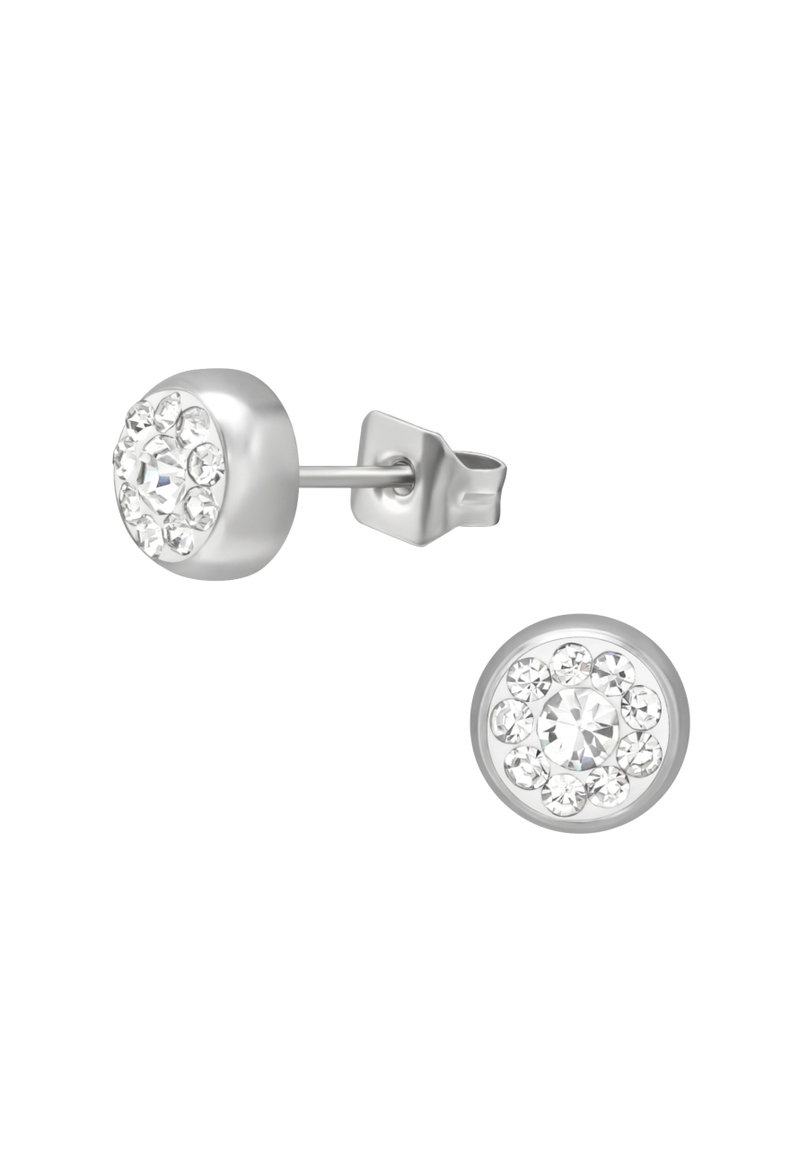 High Polish Surgical Steel Round 5mm Ear Studs with Crystal