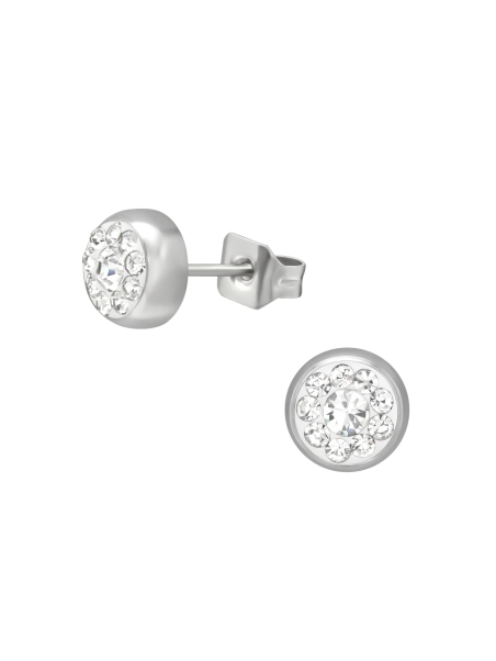 High Polish Surgical Steel Round 5mm Ear Studs with Crystal
