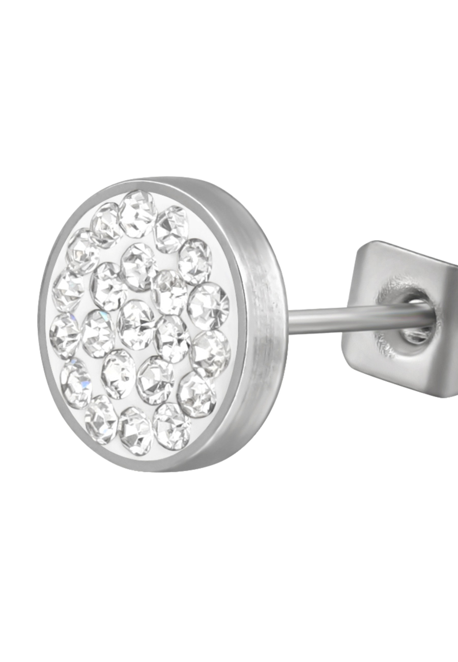 High Polish Surgical Steel Round 8mm Ear Studs with Crystal