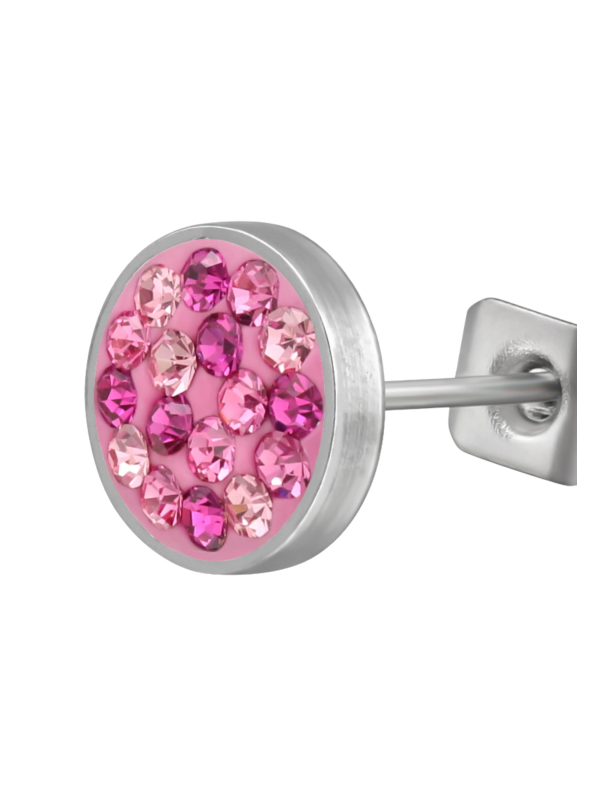 High Polish Surgical Steel Round 8mm Ear Studs with Crystal