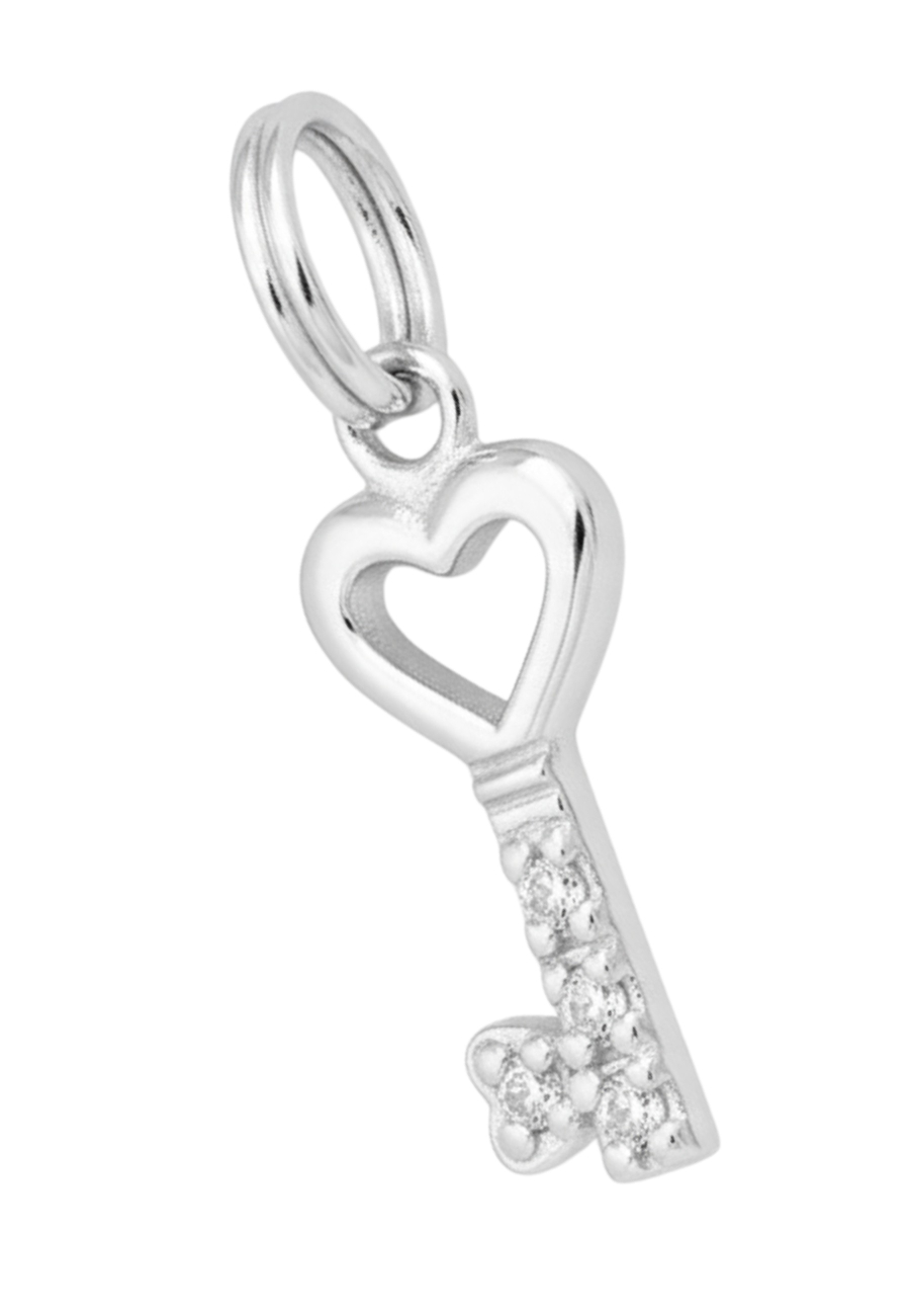 Silver Key Charm with Split Ring with Cubic Zirconia