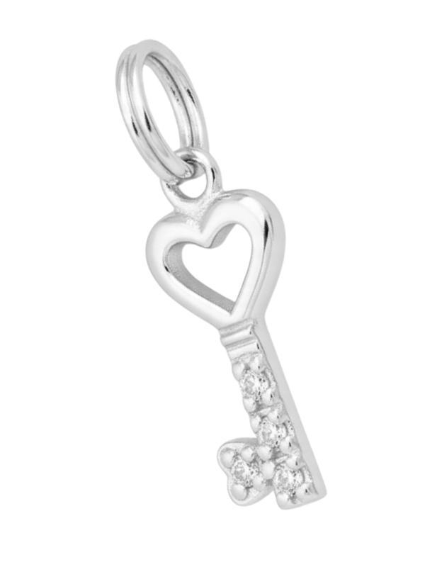 Silver Key Charm with Split Ring with Cubic Zirconia