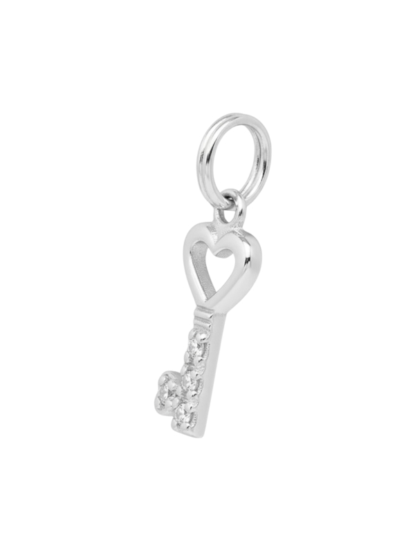 Silver Key Charm with Split Ring with Cubic Zirconia