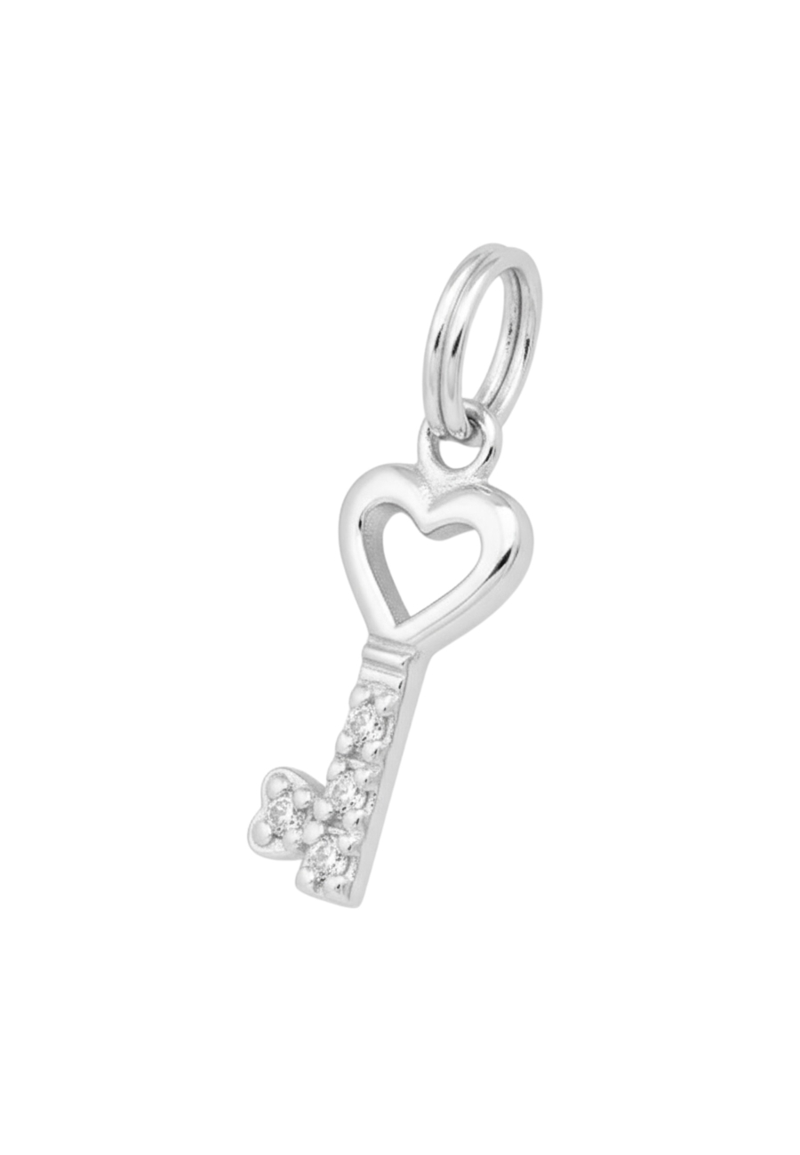 Silver Key Charm with Split Ring with Cubic Zirconia