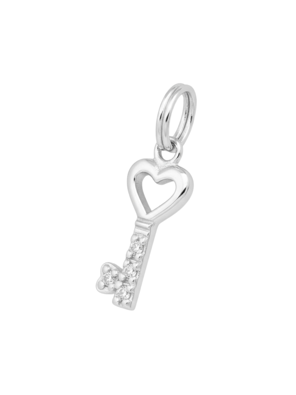 Silver Key Charm with Split Ring with Cubic Zirconia