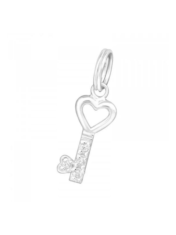Silver Key Charm with Split Ring with Cubic Zirconia